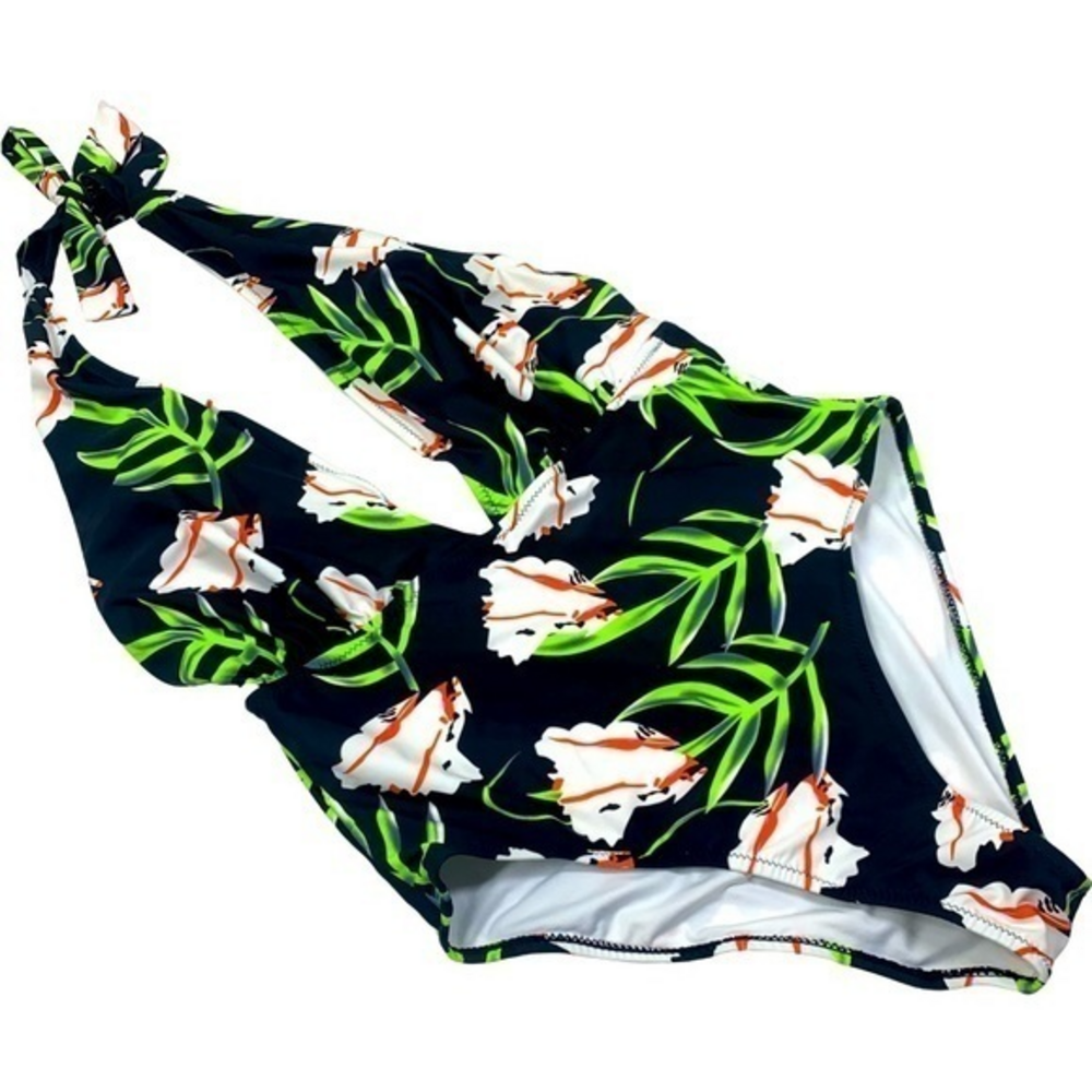 CUPSHE‎ Black Floral Print Plunge Halter One Piece Swimsuit